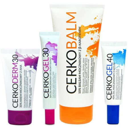 CERKO Zestaw powiększony z mocznikem 40% na łuszczycę skóry głowy, paznokci i ciała (75 ml + 50 g + 200 g + 30 g)